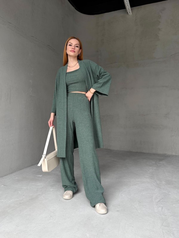 TKM-03657 Yeşil Askılı Bluz Palazzo Pantolon Yarasa Kol Kimono Üçlü Takım