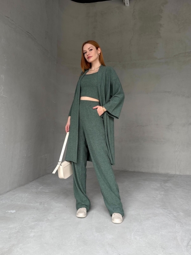 TKM-03657 Yeşil Askılı Bluz Palazzo Pantolon Yarasa Kol Kimono Üçlü Takım - Thumbnail