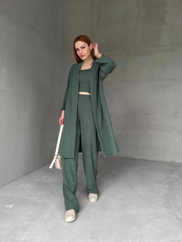 TKM-03657 Yeşil Askılı Bluz Palazzo Pantolon Yarasa Kol Kimono Üçlü Takım