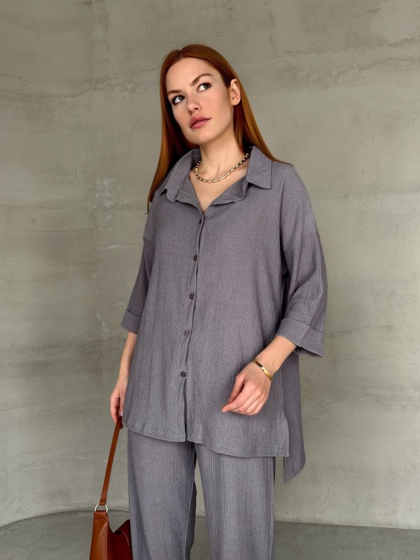 TKM-03660 Füme Salaş Duble Yarım Kol Yan Yırtmaçlı Gömlek Bel Lastikli Pantolon İkili Takım