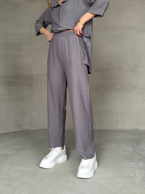 TKM-03660 Füme Salaş Duble Yarım Kol Yan Yırtmaçlı Gömlek Bel Lastikli Pantolon İkili Takım