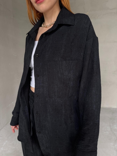 TKM-03659 Siyah Yıkama Kumaş Cepli Salaş Gömlek Bel Lastikli Havuç Model Pantolon İkili Takım - Thumbnail