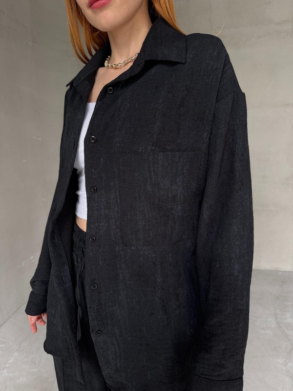 TKM-03659 Siyah Yıkama Kumaş Cepli Salaş Gömlek Bel Lastikli Havuç Model Pantolon İkili Takım