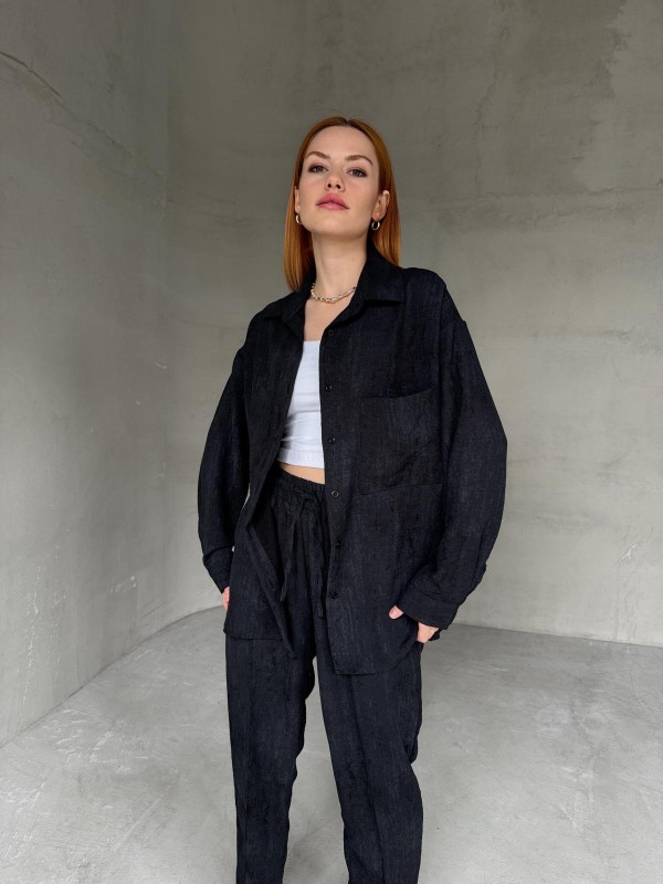 TKM-03659 Siyah Yıkama Kumaş Cepli Salaş Gömlek Bel Lastikli Havuç Model Pantolon İkili Takım