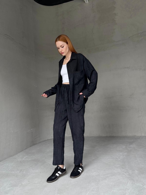 TKM-03659 Siyah Yıkama Kumaş Cepli Salaş Gömlek Bel Lastikli Havuç Model Pantolon İkili Takım