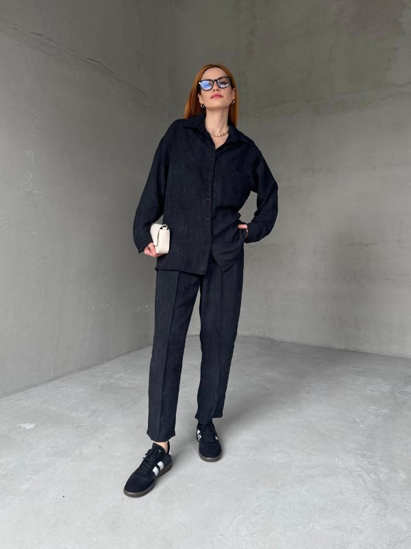 TKM-03659 Siyah Yıkama Kumaş Cepli Salaş Gömlek Bel Lastikli Havuç Model Pantolon İkili Takım