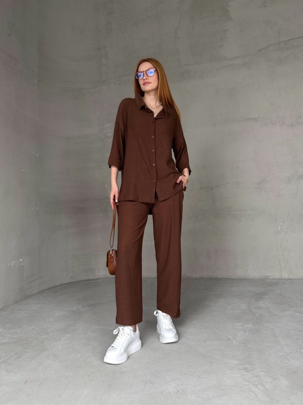 TKM-03660 Taba Salaş Duble Yarım Kol Yan Yırtmaçlı Gömlek Bel Lastikli Pantolon İkili Takım