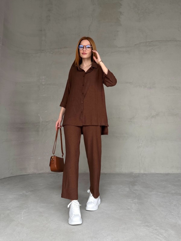 TKM-03660 Taba Salaş Duble Yarım Kol Yan Yırtmaçlı Gömlek Bel Lastikli Pantolon İkili Takım