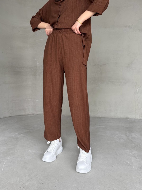 TKM-03660 Taba Salaş Duble Yarım Kol Yan Yırtmaçlı Gömlek Bel Lastikli Pantolon İkili Takım
