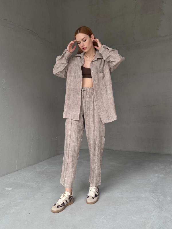 TKM-03659 Taş Rengi Yıkama Kumaş Cepli Salaş Gömlek Bel Lastikli Havuç Model Pantolon İkili Takım