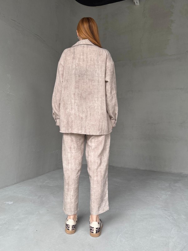 TKM-03659 Taş Rengi Yıkama Kumaş Cepli Salaş Gömlek Bel Lastikli Havuç Model Pantolon İkili Takım