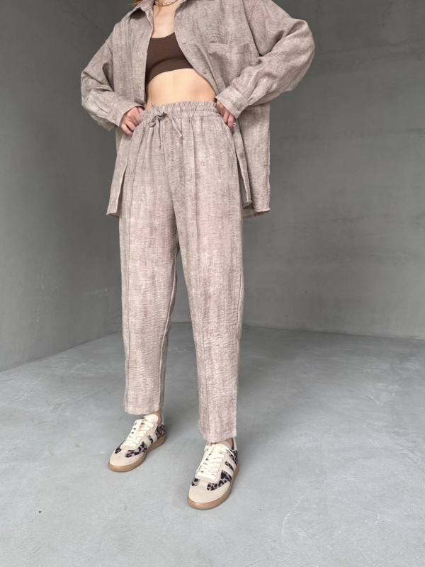 TKM-03659 Taş Rengi Yıkama Kumaş Cepli Salaş Gömlek Bel Lastikli Havuç Model Pantolon İkili Takım