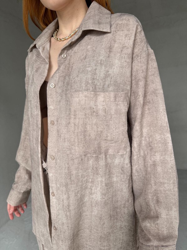 TKM-03659 Taş Rengi Yıkama Kumaş Cepli Salaş Gömlek Bel Lastikli Havuç Model Pantolon İkili Takım