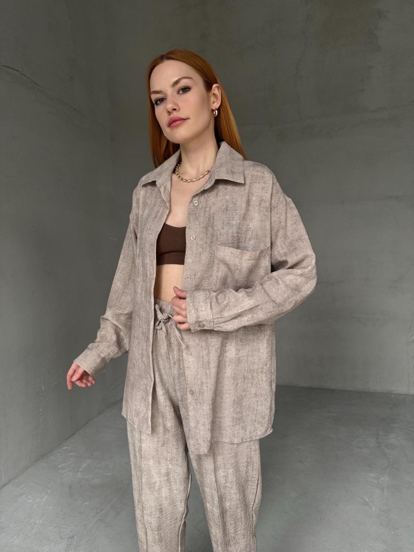 TKM-03659 Taş Rengi Yıkama Kumaş Cepli Salaş Gömlek Bel Lastikli Havuç Model Pantolon İkili Takım