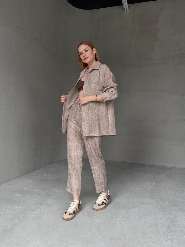 TKM-03659 Taş Rengi Yıkama Kumaş Cepli Salaş Gömlek Bel Lastikli Havuç Model Pantolon İkili Takım