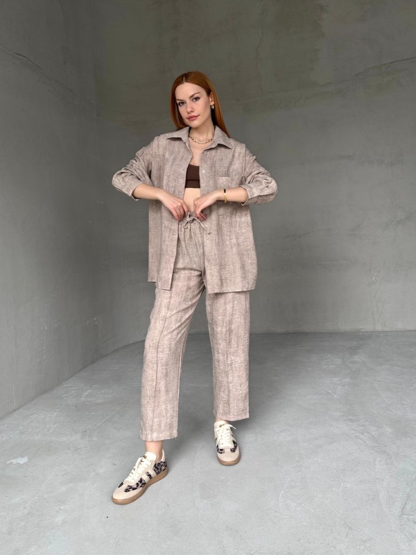 TKM-03659 Taş Rengi Yıkama Kumaş Cepli Salaş Gömlek Bel Lastikli Havuç Model Pantolon İkili Takım