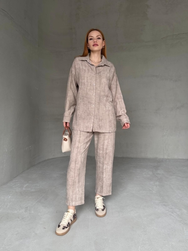 TKM-03659 Taş Rengi Yıkama Kumaş Cepli Salaş Gömlek Bel Lastikli Havuç Model Pantolon İkili Takım - Thumbnail
