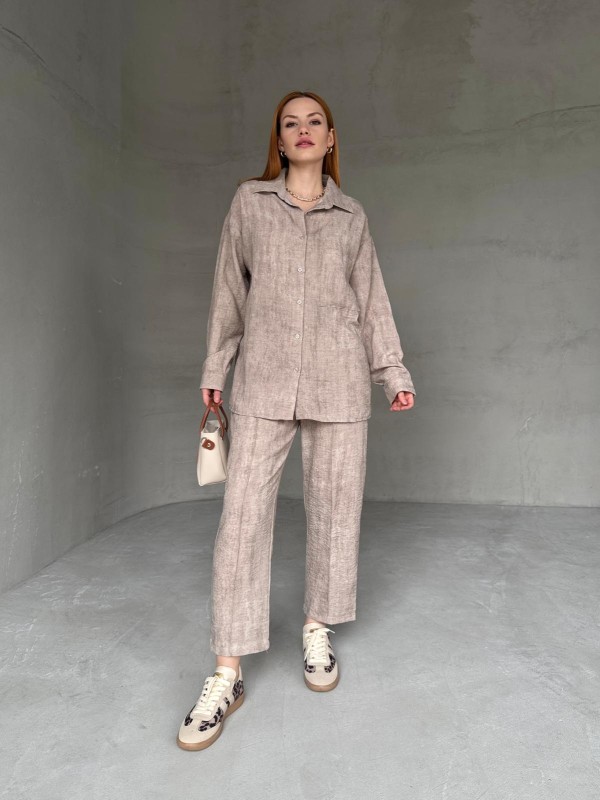 TKM-03659 Taş Rengi Yıkama Kumaş Cepli Salaş Gömlek Bel Lastikli Havuç Model Pantolon İkili Takım