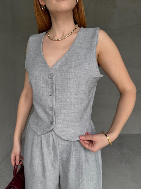 TKM-03664 Gri Keten Kumaş Yelekli Palazzo Yüksek Bel Pantolon İkili Takım