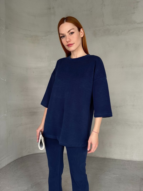 TKM-03666 Lacivert Bisiklet Yaka Yarım Kollu Tişört Bol Paça Pantolon Modal Kumaş İkili Takım - 3