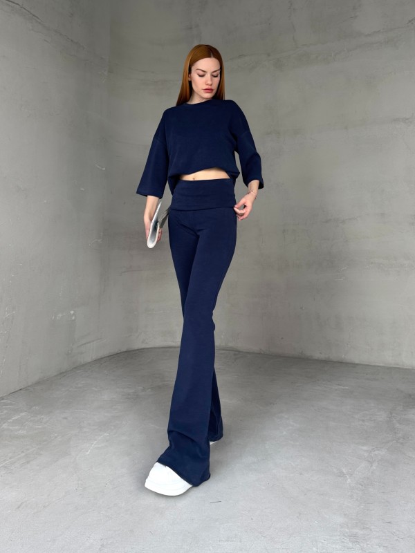 TKM-03666 Lacivert Bisiklet Yaka Yarım Kollu Tişört Bol Paça Pantolon Modal Kumaş İkili Takım - 4
