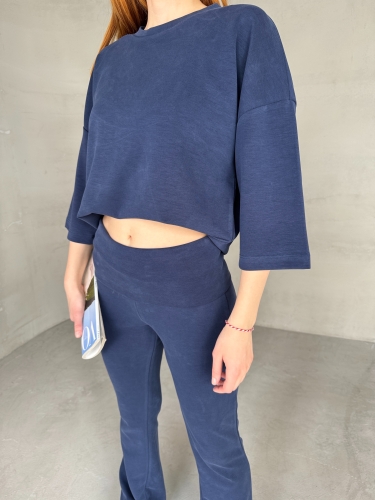 TKM-03666 Lacivert Bisiklet Yaka Yarım Kollu Tişört Bol Paça Pantolon Modal Kumaş İkili Takım - 2
