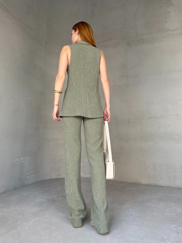 TKM-03667 Haki Kruvaze Yaka Tek Düğmeli Yelek Bel Lastikli Bol Paça Pantolon Bürümcük Kumaş İkili Takım