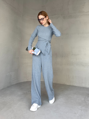 TKM-03668 Bebe Mavi Bisiklet Yaka Bel Büzgülü Tasarım Bluz Bel Bağlamalı Palazzo Pantolon Bürümcük Kumaş İkili Takım - 1