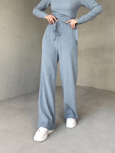 TKM-03668 Bebe Mavi Bisiklet Yaka Bel Büzgülü Tasarım Bluz Bel Bağlamalı Palazzo Pantolon Bürümcük Kumaş İkili Takım - 3