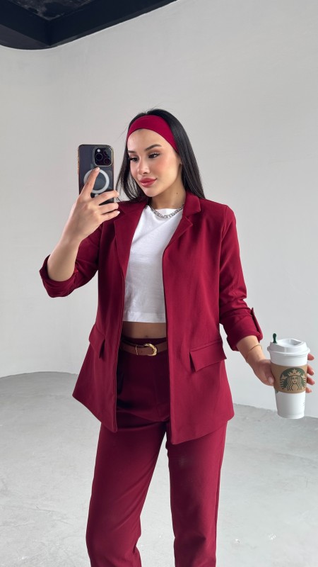 TKM-03675 Bordo Vatkalı Blazer Ceket Kemerli Havuç Pantolon Atlas Kumaş İkili Takım - 2