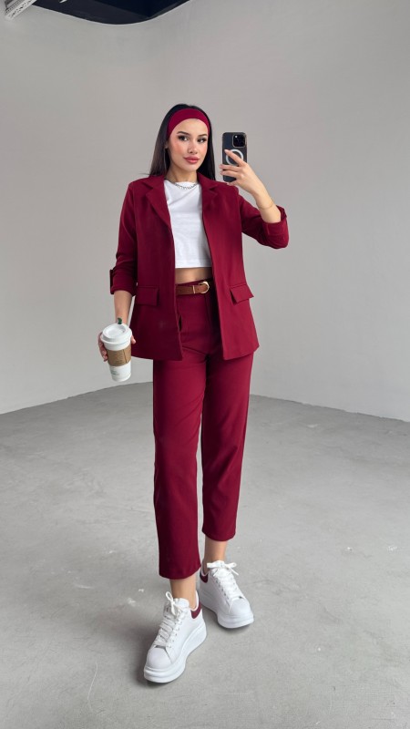 TKM-03675 Bordo Vatkalı Blazer Ceket Kemerli Havuç Pantolon Atlas Kumaş İkili Takım - 1
