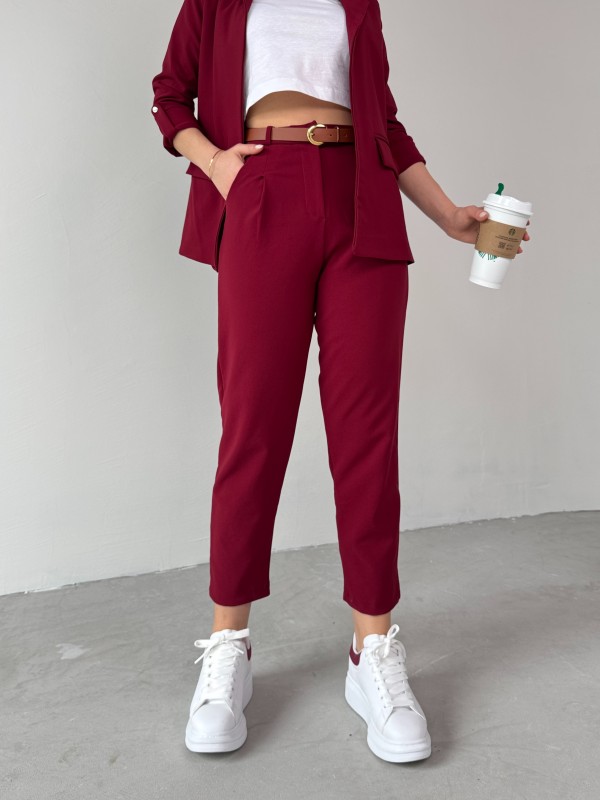 TKM-03675 Bordo Vatkalı Blazer Ceket Kemerli Havuç Pantolon Atlas Kumaş İkili Takım - 3
