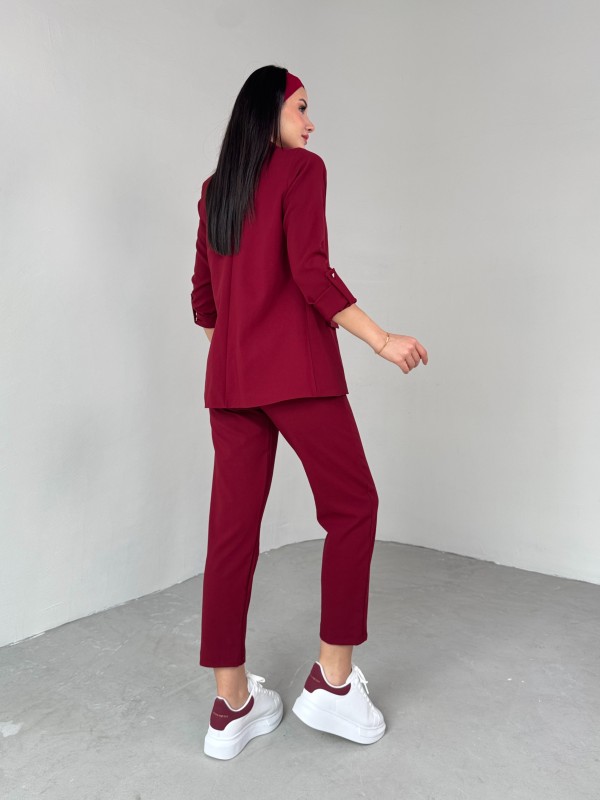 TKM-03675 Bordo Vatkalı Blazer Ceket Kemerli Havuç Pantolon Atlas Kumaş İkili Takım - 10
