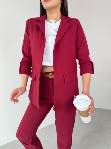 TKM-03675 Bordo Vatkalı Blazer Ceket Kemerli Havuç Pantolon Atlas Kumaş İkili Takım - 4