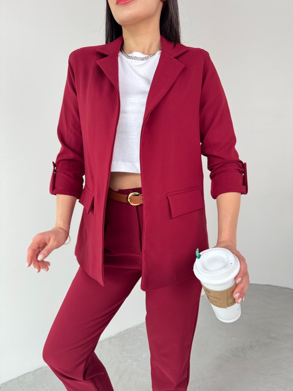 TKM-03675 Bordo Vatkalı Blazer Ceket Kemerli Havuç Pantolon Atlas Kumaş İkili Takım - 4