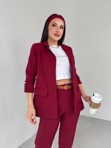 TKM-03675 Bordo Vatkalı Blazer Ceket Kemerli Havuç Pantolon Atlas Kumaş İkili Takım - 5