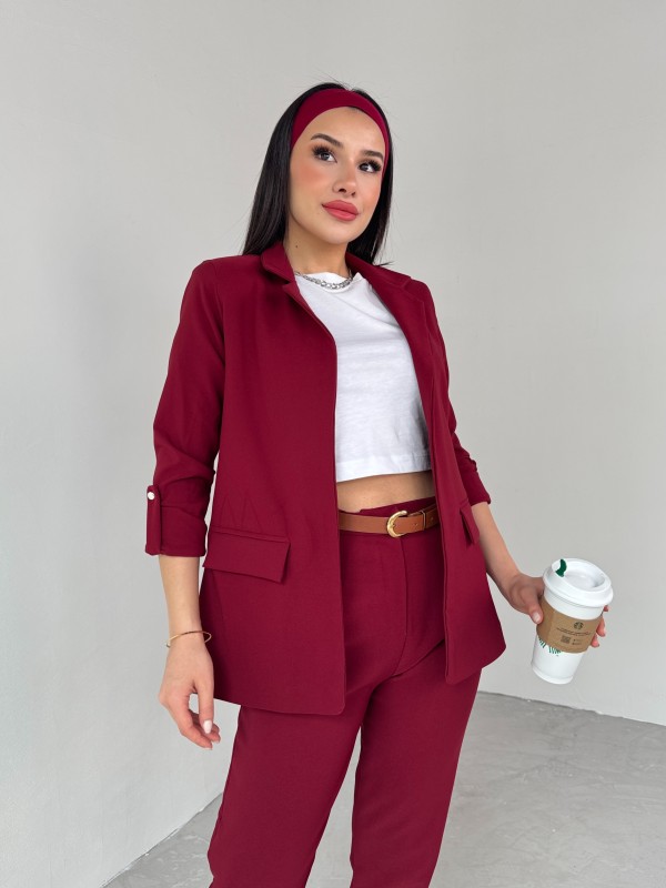 TKM-03675 Bordo Vatkalı Blazer Ceket Kemerli Havuç Pantolon Atlas Kumaş İkili Takım - 5
