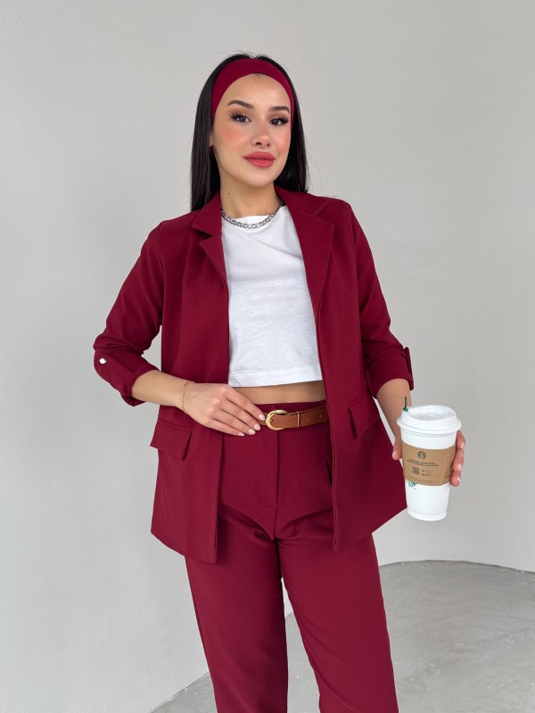 TKM-03675 Bordo Vatkalı Blazer Ceket Kemerli Havuç Pantolon Atlas Kumaş İkili Takım - 6