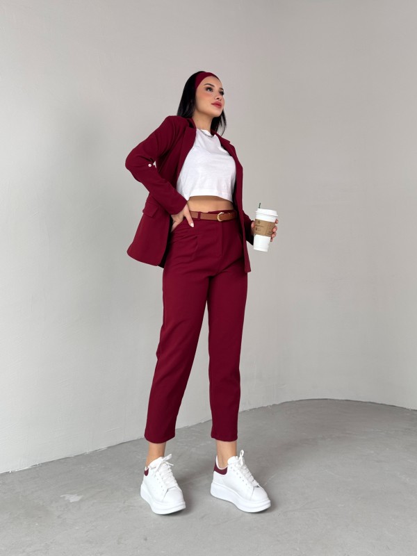 TKM-03675 Bordo Vatkalı Blazer Ceket Kemerli Havuç Pantolon Atlas Kumaş İkili Takım - 7