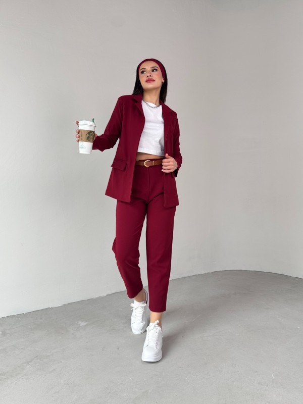 TKM-03675 Bordo Vatkalı Blazer Ceket Kemerli Havuç Pantolon Atlas Kumaş İkili Takım - 8