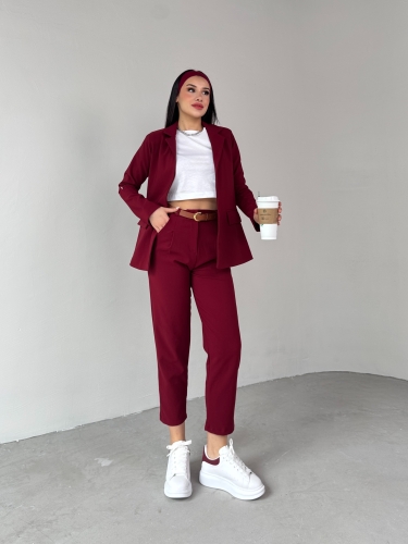 TKM-03675 Bordo Vatkalı Blazer Ceket Kemerli Havuç Pantolon Atlas Kumaş İkili Takım - 9