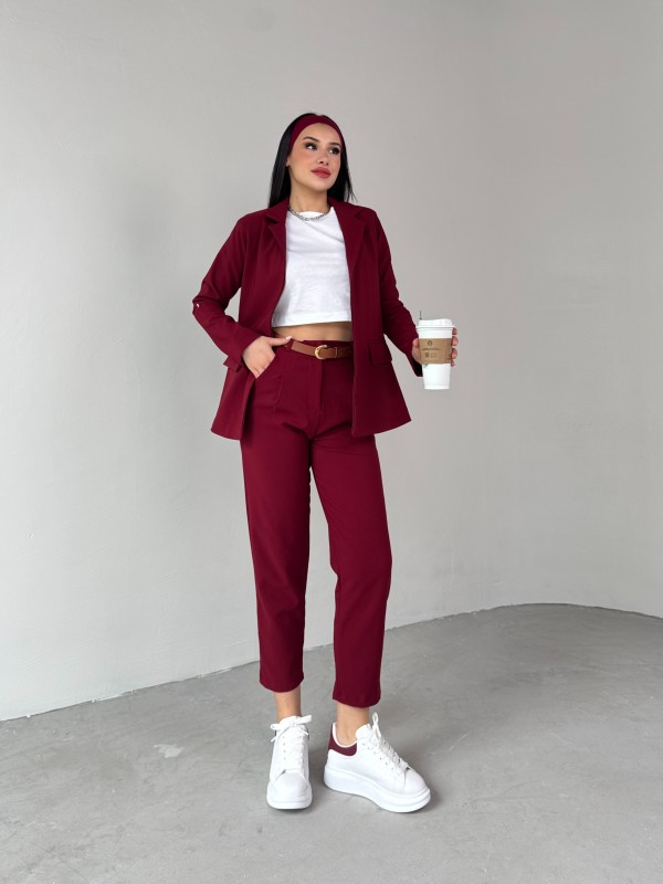 TKM-03675 Bordo Vatkalı Blazer Ceket Kemerli Havuç Pantolon Atlas Kumaş İkili Takım - 9