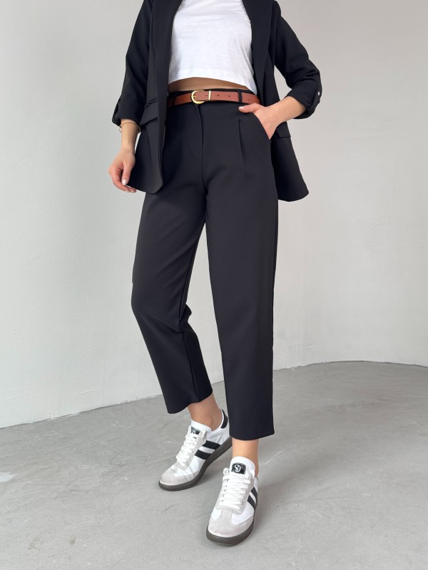 TKM-03675 Siyah Vatkalı Blazer Ceket Kemerli Havuç Pantolon Atlas Kumaş İkili Takım - 3