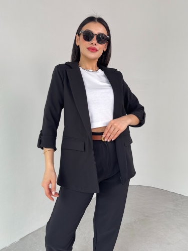 TKM-03675 Siyah Vatkalı Blazer Ceket Kemerli Havuç Pantolon Atlas Kumaş İkili Takım - 2