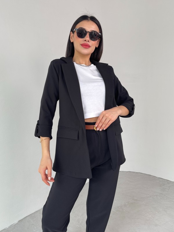 TKM-03675 Siyah Vatkalı Blazer Ceket Kemerli Havuç Pantolon Atlas Kumaş İkili Takım - 2
