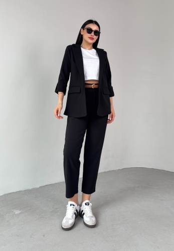 TKM-03675 Siyah Vatkalı Blazer Ceket Kemerli Havuç Pantolon Atlas Kumaş İkili Takım 