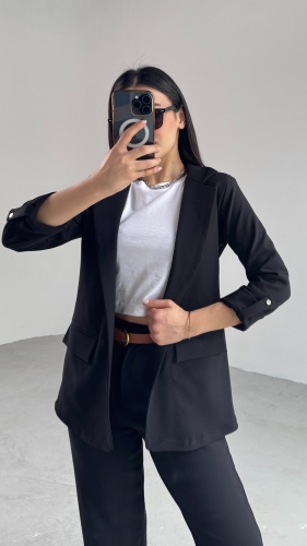 TKM-03675 Siyah Vatkalı Blazer Ceket Kemerli Havuç Pantolon Atlas Kumaş İkili Takım - 4