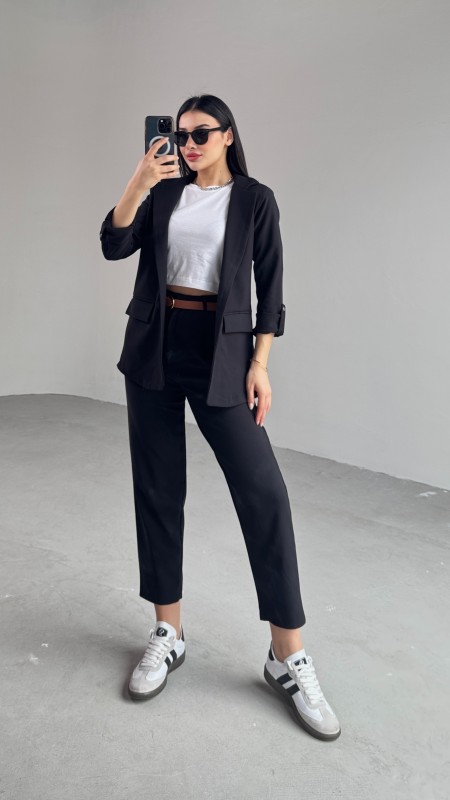 TKM-03675 Siyah Vatkalı Blazer Ceket Kemerli Havuç Pantolon Atlas Kumaş İkili Takım - 5