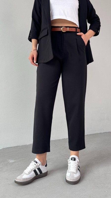 TKM-03675 Siyah Vatkalı Blazer Ceket Kemerli Havuç Pantolon Atlas Kumaş İkili Takım - 6