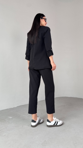 TKM-03675 Siyah Vatkalı Blazer Ceket Kemerli Havuç Pantolon Atlas Kumaş İkili Takım - 11